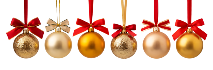 Row of elegant oval christmas ornaments in gold and champagne colors hanging on red ribbons against a dark background