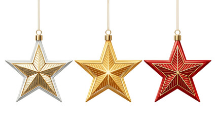 Three decorative star shaped ornaments in silver gold and red hanging against a black background for christmas or holiday celebrations
