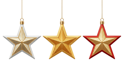 Three festive star shaped christmas ornaments in gold silver and red hanging against a solid black background