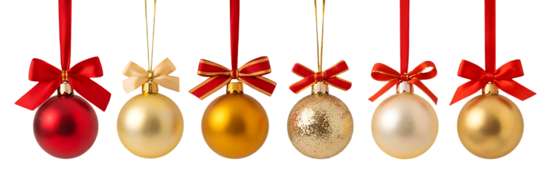 Row of six festive christmas ornaments in red gold and silver hanging from red ribbons with bows against a black background