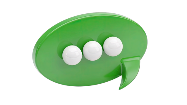 Glossy Green Speech Bubble Icon with Three White Spheres Inside on a Transparent Background Vibrant Communication Symbol