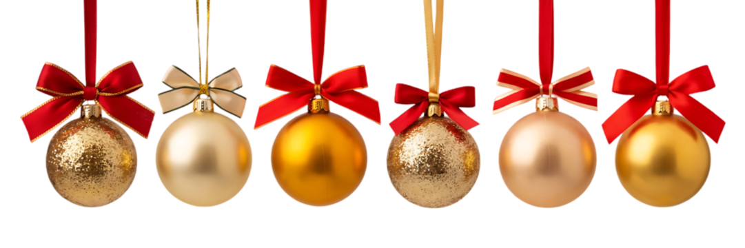 Row of elegant oval christmas ornaments in gold and champagne colors hanging on red ribbons against a dark background