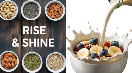 Healthy breakfast collage featuring bowls of nuts seeds grains and a splash of milk pouring over cereal fruit and berries