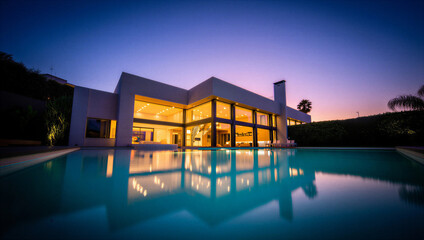 Fototapeta premium Modern Luxury House at Twilight | Illuminated Interior Reflected in Pool | Contemporary Residential Architecture Design