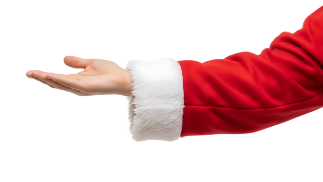 Santa claus outstretched hand offering a gift or invitation on a black background with a festive red suit and white trim