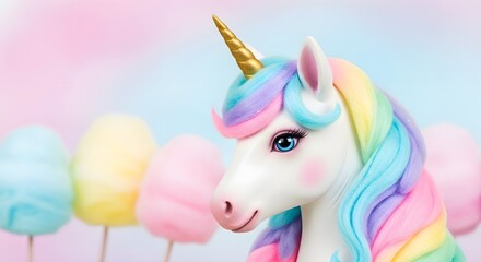 Magical Rainbow Unicorn with Cotton Candy Background.