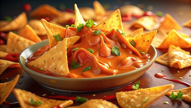 Melted cheese and spicy sauce drizzle over crispy tortilla chips or crunchy nachos, a flavorful snack perfect for dipping