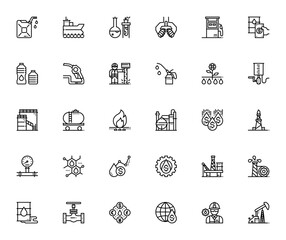 Oil industry icon set. Vector illustration. Includessymbols for oil, gasoline,refinery, oil rig, gas staion, pump jack, extraction tanker, and more.