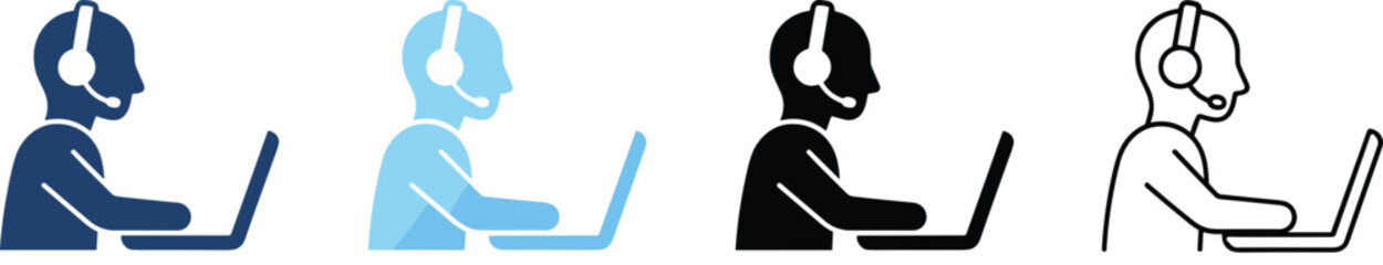 Customer support agent icon set, call center operator with headset working on laptop, technical assistance, online helpdesk, telemarketing specialist, flat vector illustration.