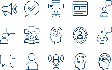 Digital Communication and AI Chat Icons Set, Megaphone, Group Discussion, Robot, Thought Process, Dark Blue Vector Graphic