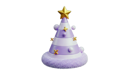 Festive 3D Rendered Purple Party Hat Adorned with Golden Stars and Pom Poms Featuring a Glittering Brim and a Star Topper Isolated on a Transparent Background