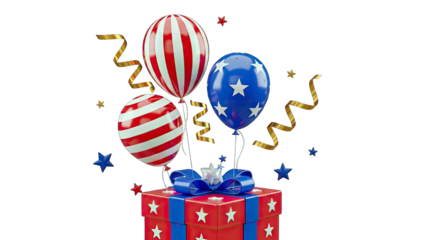 Festive Gift Box with Red White and Blue Balloons Stars and Confetti on a Transparent Background Perfect for Celebrations and Independence Day Themes
