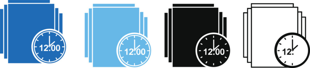 Timed Documentation Icon Set: Scheduling, Deadline, Paperwork, Time Management, File History, and Task Completion Symbol