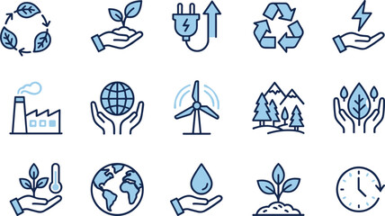 Ecology and Environment Icon Set, Renewable Energy, Green Technology, Recycling, Climate Change, Earth Protection, Vector