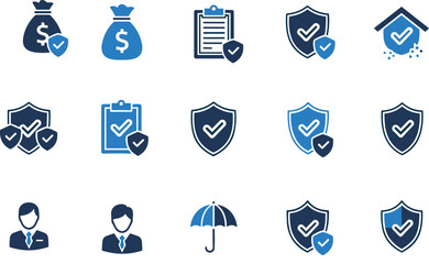 Insurance and Protection Icons Set: Financial Safety, Home Security, Money Guarantee, Policy Checklist, and Umbrella Coverage