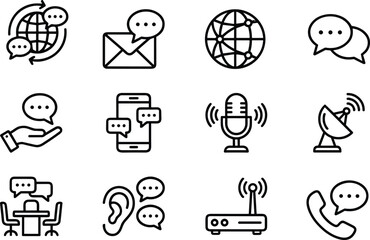 Global Communication Technology Icons Set, Line Art, Internet, Chat, Phone, Email, Microphone, Satellite, Vector Outline Collection
