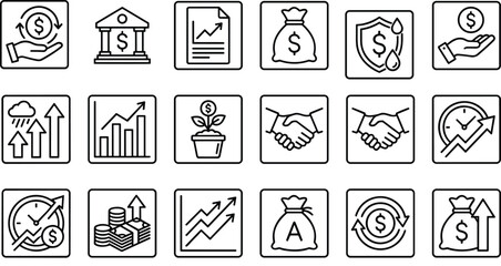 Financial investment line icons set, money security, business growth, banking, analysis report, profit, asset management, economic success, flat linear vector illustration.
