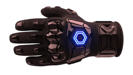 futuristic black glove with glowing blue hexagonal emblem on the wrist futuristic technology concept