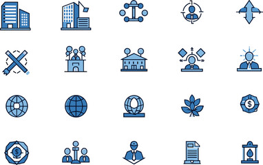 Corporate Business and Global Development Icons: Headquarters, Governance, Strategy, Finance, Environment, and Management Symbols