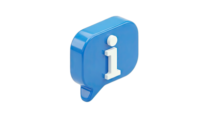Glossy Blue Information Icon Inside a Speech Bubble Shape on a Transparent Background with a White Letter I Centered and a Subtle Yellow Accent