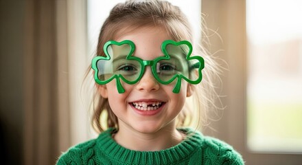 Happy child with shamrock glasses. St. Patrick's Day festive celebration portrait