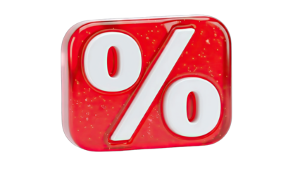 Glossy Red Cube With White Percentage Symbol On Transparent Background With Sparkling Glitter Effect And 3D Rendering For Promotional Use
