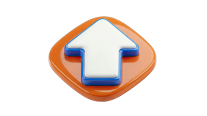 Glossy White Arrow Pointing Upward on a Vibrant Orange Square Shape with Blue Trim Isolated on a Clean White Background