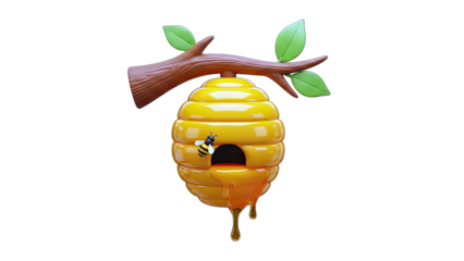 Golden Beehive Dripping Honey Suspended From A Tree Branch With Green Leaves Isolated On Black Background With A Bee Flying Near The Entrance Detailed 3d Render