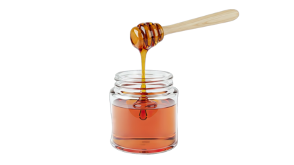 Golden Honey Dripping From Wooden Dipper Into Glass Jar With Viscous Amber Liquid Illuminated By Soft Light Against A Clean Transparent Background