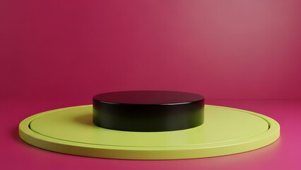 Geometric arrangement of podiums in shades of green, black and magenta