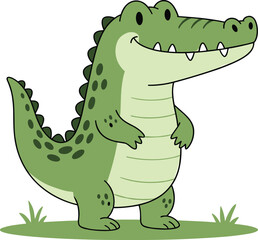 Cute cartoon crocodile illustration standing on grass, perfect for kids’ books, educational materials, animal graphics, and fun character designs.