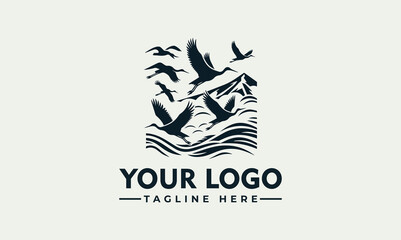 Naklejka premium Flock of flying geese over ocean waves and mountains vector. logo. illustration