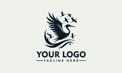 Elegant flying heron bird vector logo illustration with swirling waves and a flock. Nature branding graphic design