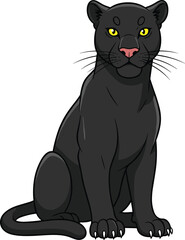 Elegant black panther sitting calmly with yellow eyes, fierce wild cat illustration perfect for wildlife art, jungle designs, and animal-themed graphics.