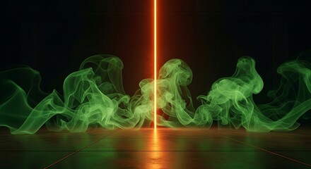 Greenish vapor with vivid light beam against a dark backdrop concept