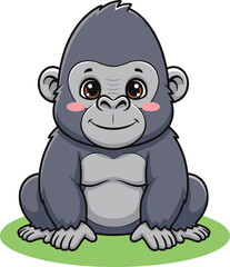 Fototapeta premium Cute baby gorilla sitting on grass, adorable cartoon animal illustration with big brown eyes and friendly smile, perfect for kids art and designs.