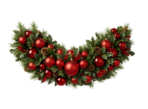 Curved Christmas garland with pine branches, red berries, and ornaments, festive decorative border element for holiday designs and seasonal compositions
