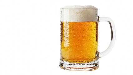 Tall glass mug filled with golden lager beer and foamy head