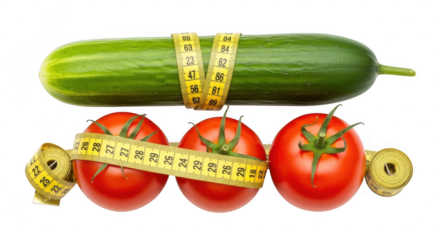 Fresh vegetables with measuring tape around them, promoting healthy diet and weight loss concept isolated on transparent background