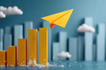 Yellow paper airplane over bar chart against blue backdrop symbolizes innovation and progress