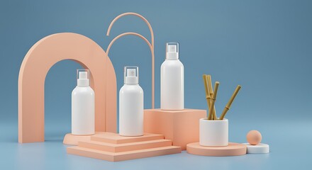 White Spray Bottles on Geometric Pedestals with Bamboo Sticks