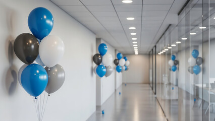 Blue and gray balloons in office corridor symbolizing team spirit and unity