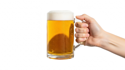 Hand holding a tall glass of golden beer with frothy head