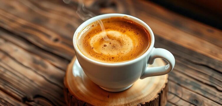 Steaming coffee cup with rich crema on rustic wood,  breakfast,   delicious - Powered by Adobe