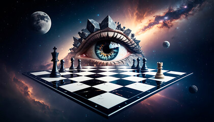 Chessboard floating in space with an all-seeing eye and moon. Strategic thinking and cosmic insight concept for planning and future.