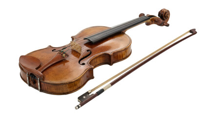 Fototapeta premium Beautiful old wooden violin and bow classic string instrument for orchestral music isolated on transparent background