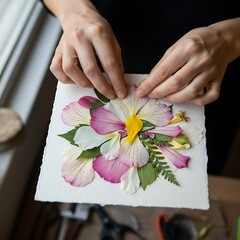 Hands creating botanical art with pressed petals and foliage arrangement