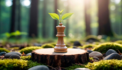 Green sprout growing from chess king piece on wooden stump in forest. Metaphor for growth strategy, nature merging with intelligence. Earth day concept.
