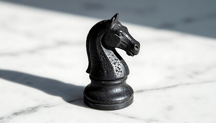Black knight chess piece standing on a white marble surface with harsh sunlight and shadow. Strategy game and intellect concept.