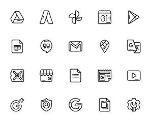 Google Suite icon set. Vector line icons collection.Includes symbols for Drive Gmail, Calendar, Photos, ouTube, Maps, Sheets, Slids and more.